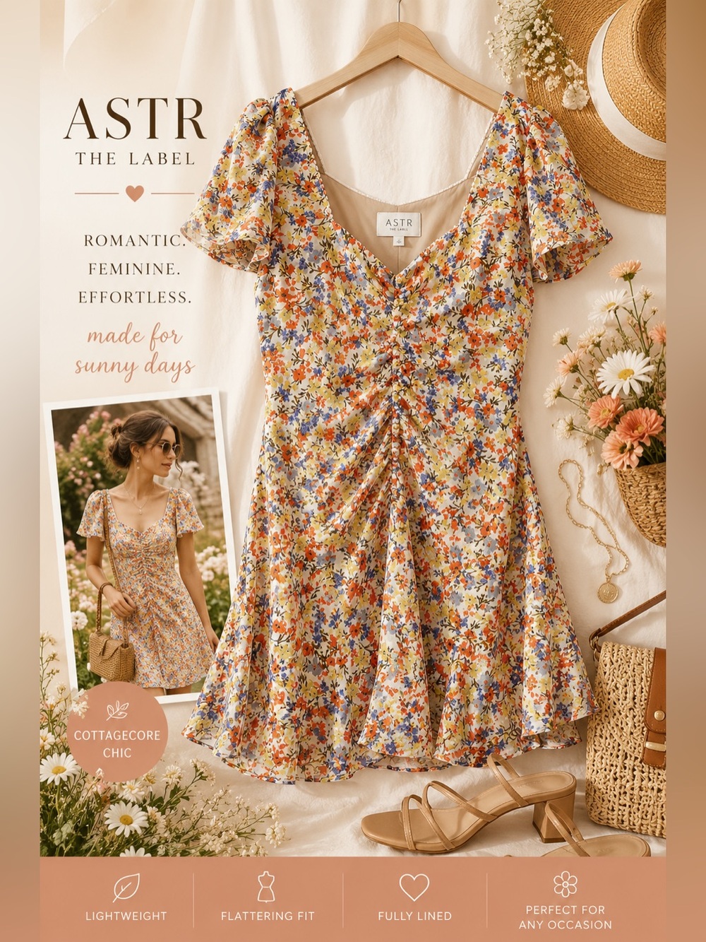 ASTR The Label Floral Ruched Mini Dress Puff Sleeve Cottagecore Romantic Large